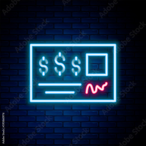 Glowing neon line Blank template of the bank check and pen icon isolated on brick wall background. Checkbook cheque page with empty fields to fill. Colorful outline concept. Vector