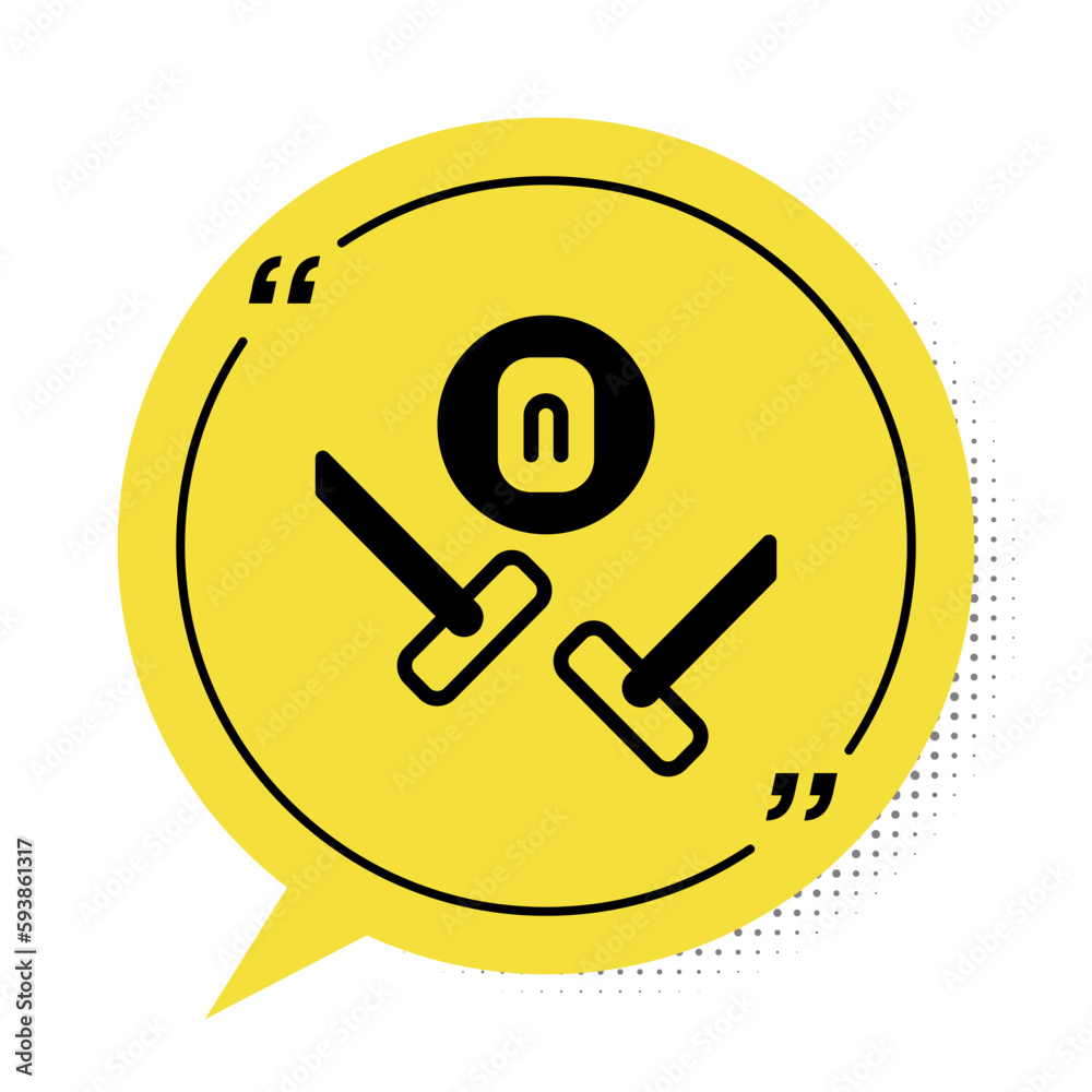 Black Curling sport game icon isolated on white background. Sport equipment. Yellow speech bubble symbol. Vector Black Curling sport game icon isolated on white background. Sport equipment. Yellow speech bubble symbol. Vector
