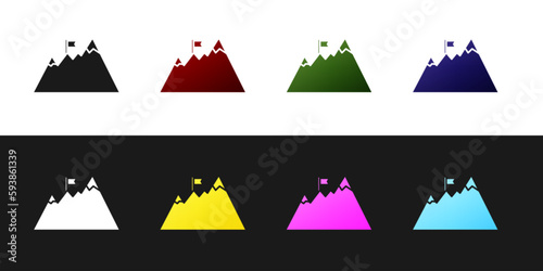 Set Mountains with flag on top icon isolated on black and white background. Symbol of victory or success concept. Goal achievement. Vector