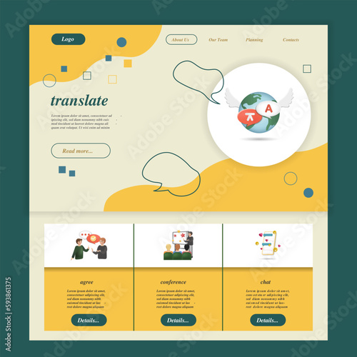 Translate flat landing page website template. Agree, conference, chat. Web banner with header, content and footer. Vector illustration.