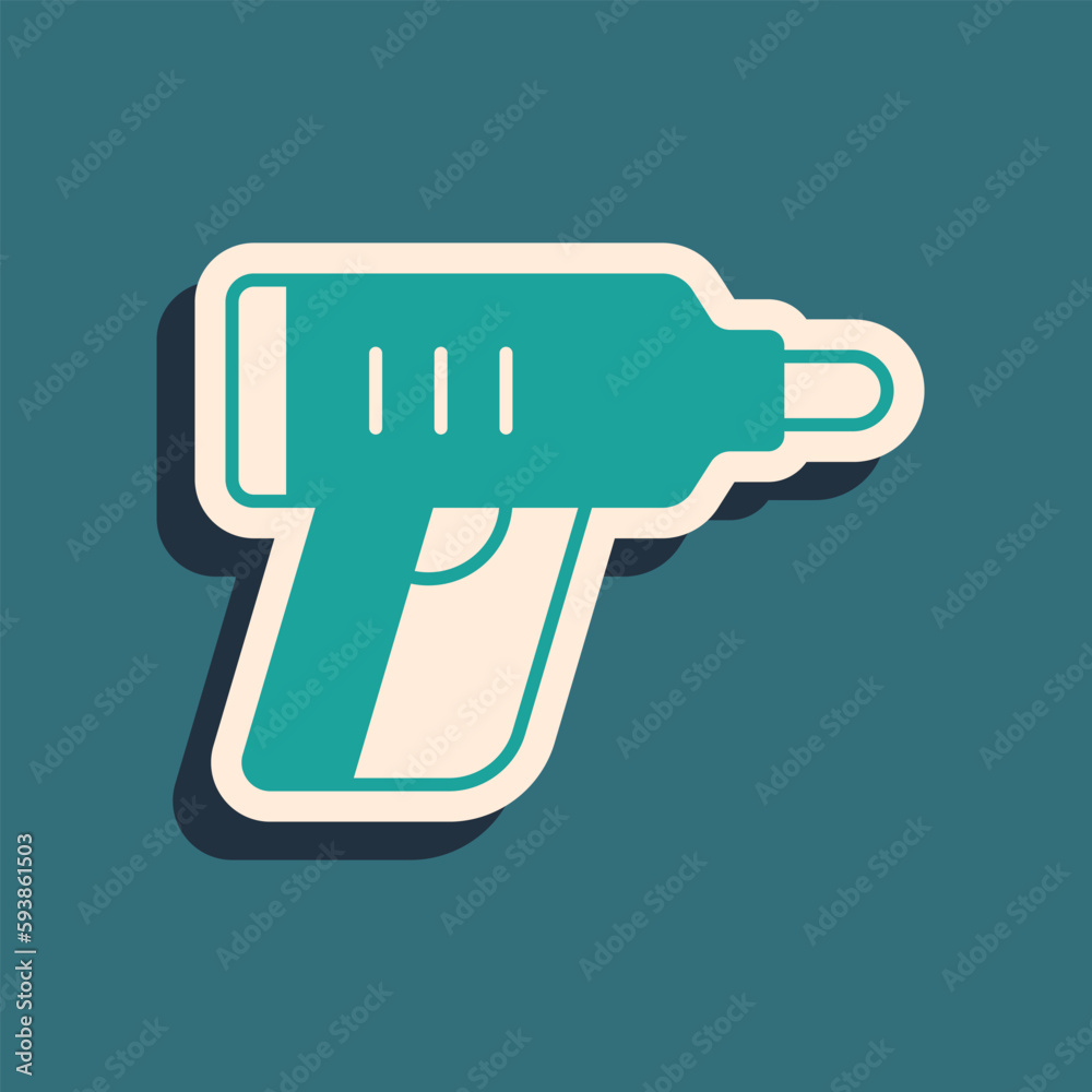 Fototapeta premium Green Electric cordless screwdriver icon isolated on green background. Electric drill machine. Repair tool. Long shadow style. Vector
