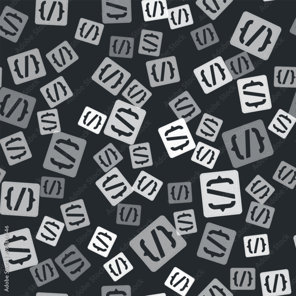 Grey Programming language syntax icon isolated seamless pattern on black background. Syntax programming file system. Vector Grey Programming language syntax icon isolated seamless pattern on black background. Syntax programming file system. Vector