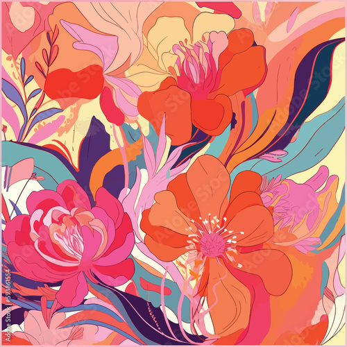 Nature's Symphony: A Mid-Century Illustration of Peonies and Orchids
