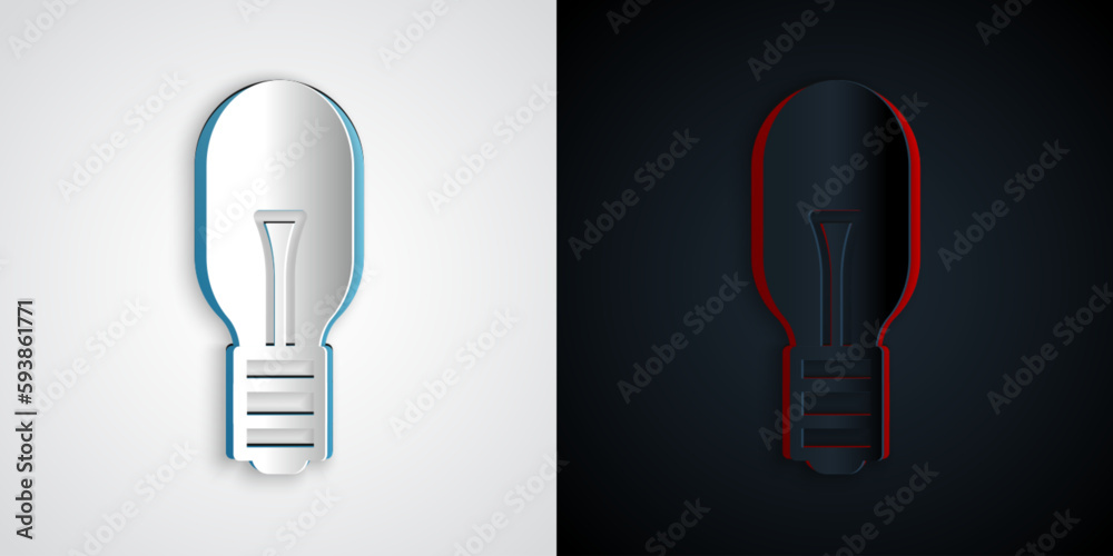 Paper cut Light bulb with concept of idea icon isolated on grey and black background. Energy and idea symbol. Inspiration concept. Paper art style. Vector Paper cut Light bulb with concept of idea icon isolated on grey and black background. Energy and idea symbol. Inspiration concept. Paper art style. Vector
