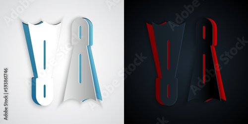 Paper cut Rubber flippers for swimming icon isolated on grey and black background. Diving equipment. Extreme sport. Diving underwater equipment. Paper art style. Vector