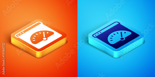 Isometric Digital speed meter icon isolated on orange and blue background. Global network high speed connection data rate technology. Vector
