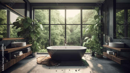 Modern bathroom with bathtub and big windows. AI generated