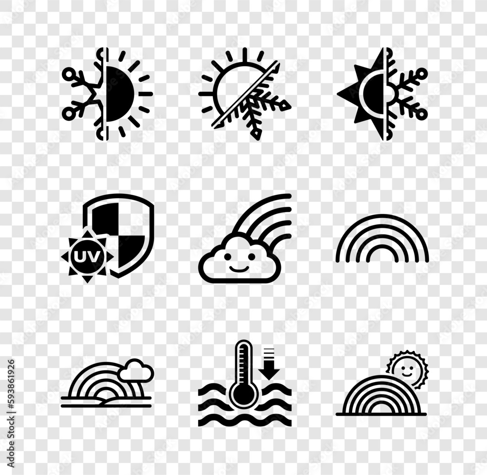 Set Sun and snowflake, Rainbow with cloud, Water thermometer, sun, UV protection and icon. Vector