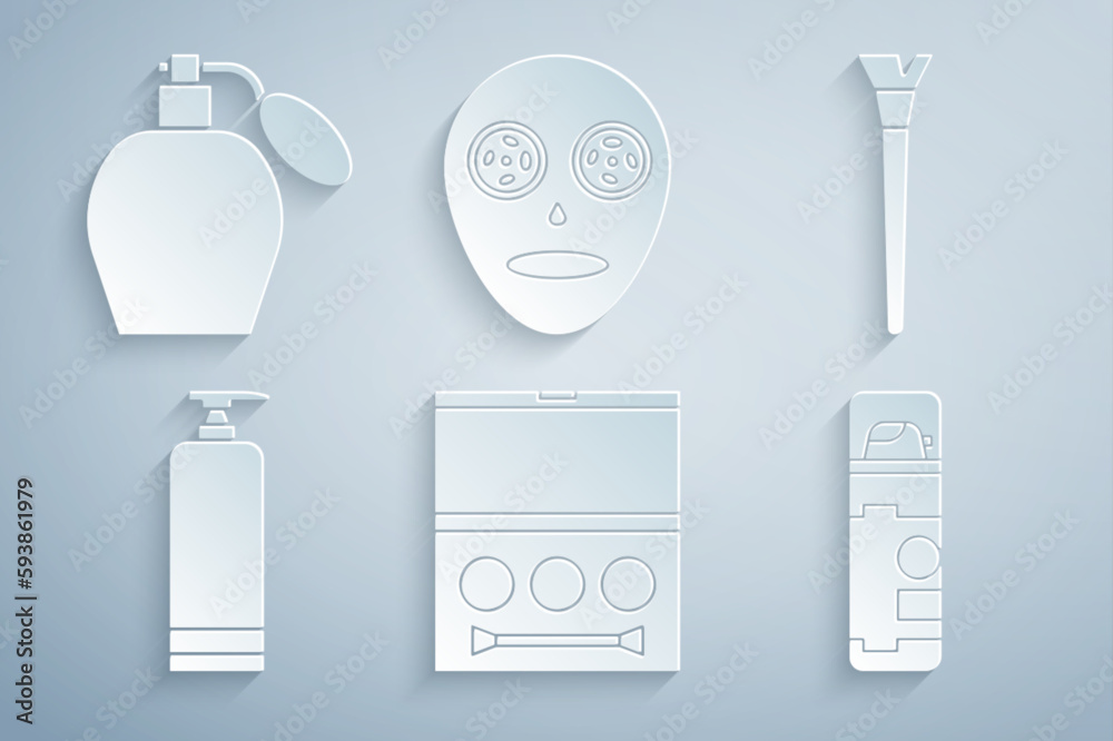 Set Eye shadow palette, Makeup brush, Cream cosmetic tube, Shaving gel foam, Facial mask and Perfume icon. Vector Set Eye shadow palette, Makeup brush, Cream cosmetic tube, Shaving gel foam, Facial mask and Perfume icon. Vector