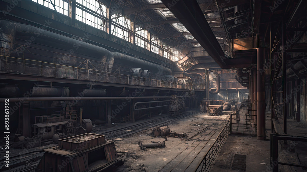 Abandoned metallurgical factory interior and building demolition with Generative AI Technology