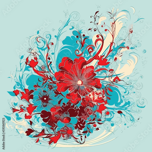 Fluid Brushwork: A Vibrant Vector Illustration of Flowers in Turquoise and Red