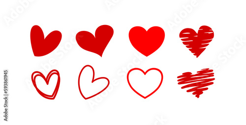 Red hearts. Heart doodles set. Abstract heart series vector.