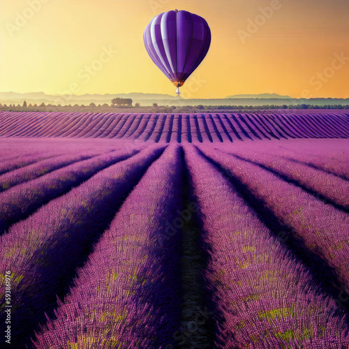 Purple lavender fields in bloom, hot air balloons in background, generative ai
