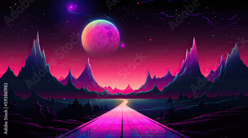 80s Retro Synthwave Road to Moon Stars Background with Generative AI Technology