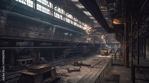 Abandoned metallurgical factory interior and building demolition with Generative AI Technology