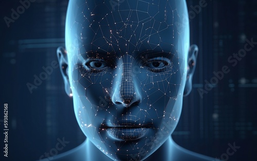 Abstract digital human face. Generative AI technology.