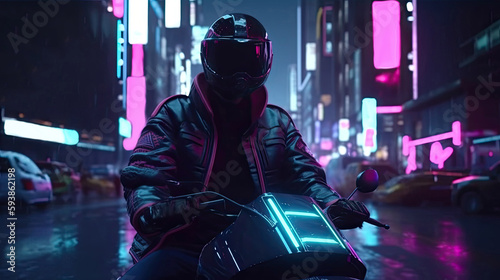 Cyberpunk Synthwave Motorcycle Rider in the City illustration with Generative AI Technology