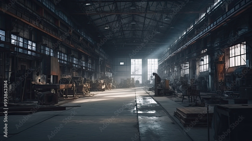 Interior of metalworking factory workshop hangar with Generative AI Technology