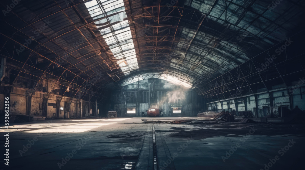 Large abandoned empty and dirty rusty iron hangar with Generative AI Technology