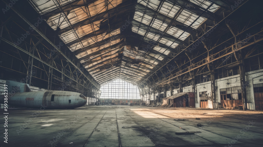 Large abandoned empty and dirty rusty iron hangar with Generative AI Technology Large abandoned empty and dirty rusty iron hangar with Generative AI Technology