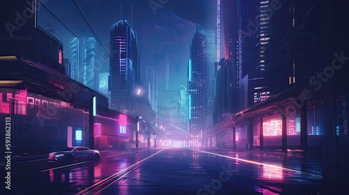 Futuristic cyberpunk city with blue and pink light neon with Generative AI Technology