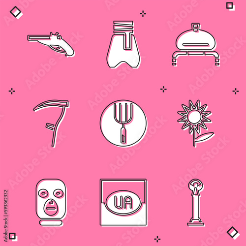 Set Vintage pistols, Cossack pants, Bread and salt, Scythe, Garden pitchfork, Sunflower, Thief mask and Flag of Ukraine icon. Vector