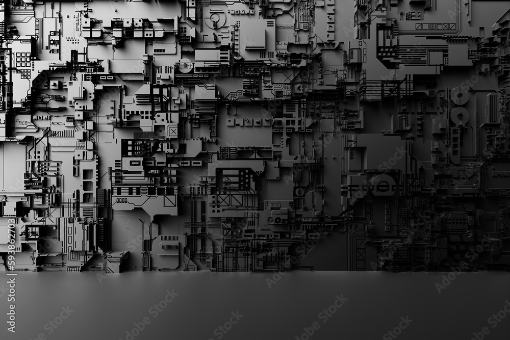 Detail of a futuristic machine. 3D illustration of a futuristic wall made of various details. Cyberpunk background. Industrial wallpaper. Grunge details Detail of a futuristic machine. 3D illustration of a futuristic wall made of various details. Cyberpunk background. Industrial wallpaper. Grunge details