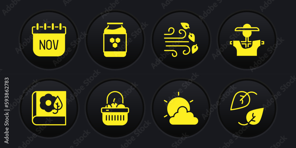 Set Herbarium, Scarecrow, Basket and food, Sun cloud weather, Windy, Jar of honey, Leaf and November calendar autumn icon. Vector Set Herbarium, Scarecrow, Basket and food, Sun cloud weather, Windy, Jar of honey, Leaf and November calendar autumn icon. Vector