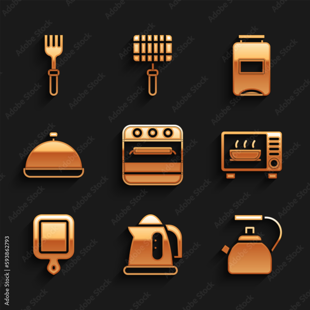 Set Oven, Electric kettle, Kettle with handle, Microwave oven, Cutting board, Covered tray of food, Jam jar and Fork icon. Vector Set Oven, Electric kettle, Kettle with handle, Microwave oven, Cutting board, Covered tray of food, Jam jar and Fork icon. Vector