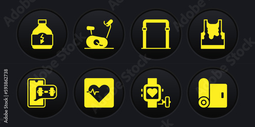 Set Fitness app, Sweaty sleeveless t-shirt, Heart rate, Smart watch with heart, Sport horizontal bar, Stationary bicycle, mat roll and Sports nutrition icon. Vector