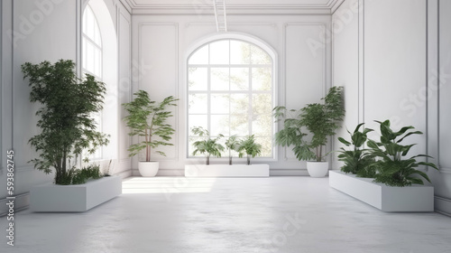 White wall empty interior room with plants on a floor
