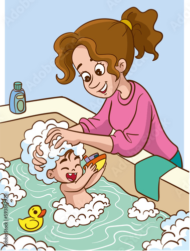 mother washing her little child in the bathroom cartoon vector