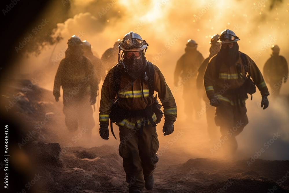 unrecognizable firefighters run through the fire under respiratory protection and heavy equipment to save people  Generative AI