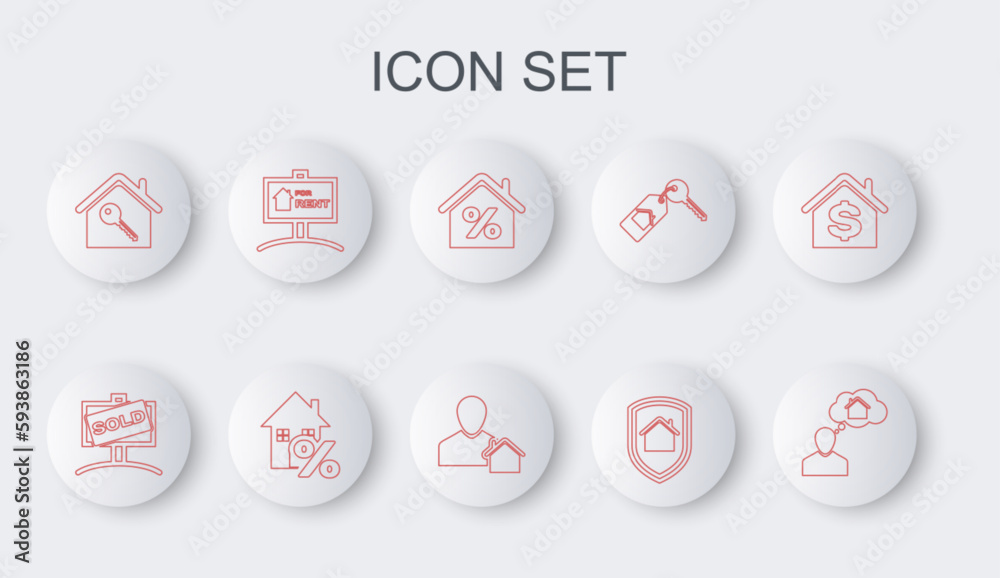 Set line Man dreaming about buying house, Hanging sign with Sold, House percant, under protection, key, For Rent, and Realtor icon. Vector Set line Man dreaming about buying house, Hanging sign with Sold, House percant, under protection, key, For Rent, and Realtor icon. Vector