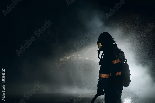 unrecognizable Firefighter spraying water against smoke at night Generative AI