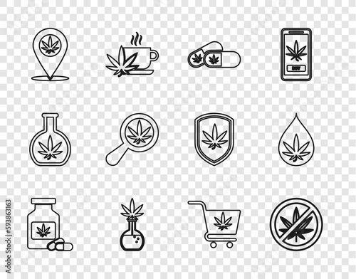 Set line Medical bottle with marijuana, Stop, pills, Test tube, Location and, Magnifying glass, Shopping cart and Marijuana or cannabis leaf oil icon. Vector