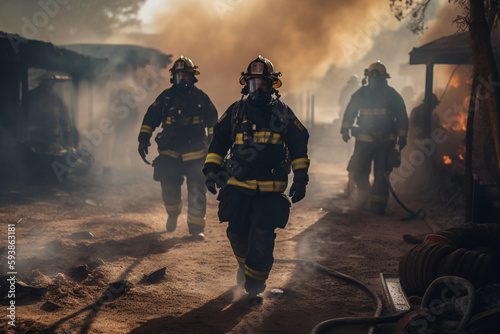 unrecognizable firefighters run through the fire under respiratory protection and heavy equipment to save people Generative AI