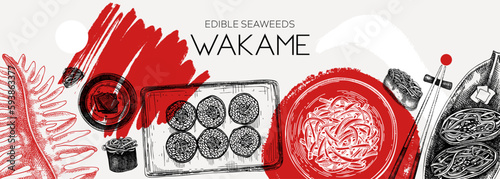 Hand-drawn wakame algae banner design. Edible seaweed drawings in collage style. Sea vegetable illustrations. Healthy food vector background. Japanese cuisine. Trendy restaurant menu design.