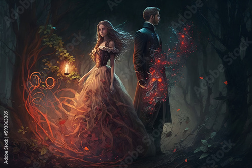 Young Beautiful king and queen romantic scene ,fantasy couples ,Royal couples romance art by Generative AI photo