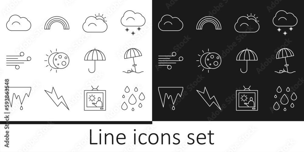 Set line Water drop, Sun protective umbrella for beach, and cloud, Eclipse of the sun, Wind, Cloud, Umbrella and Rainbow icon. Vector