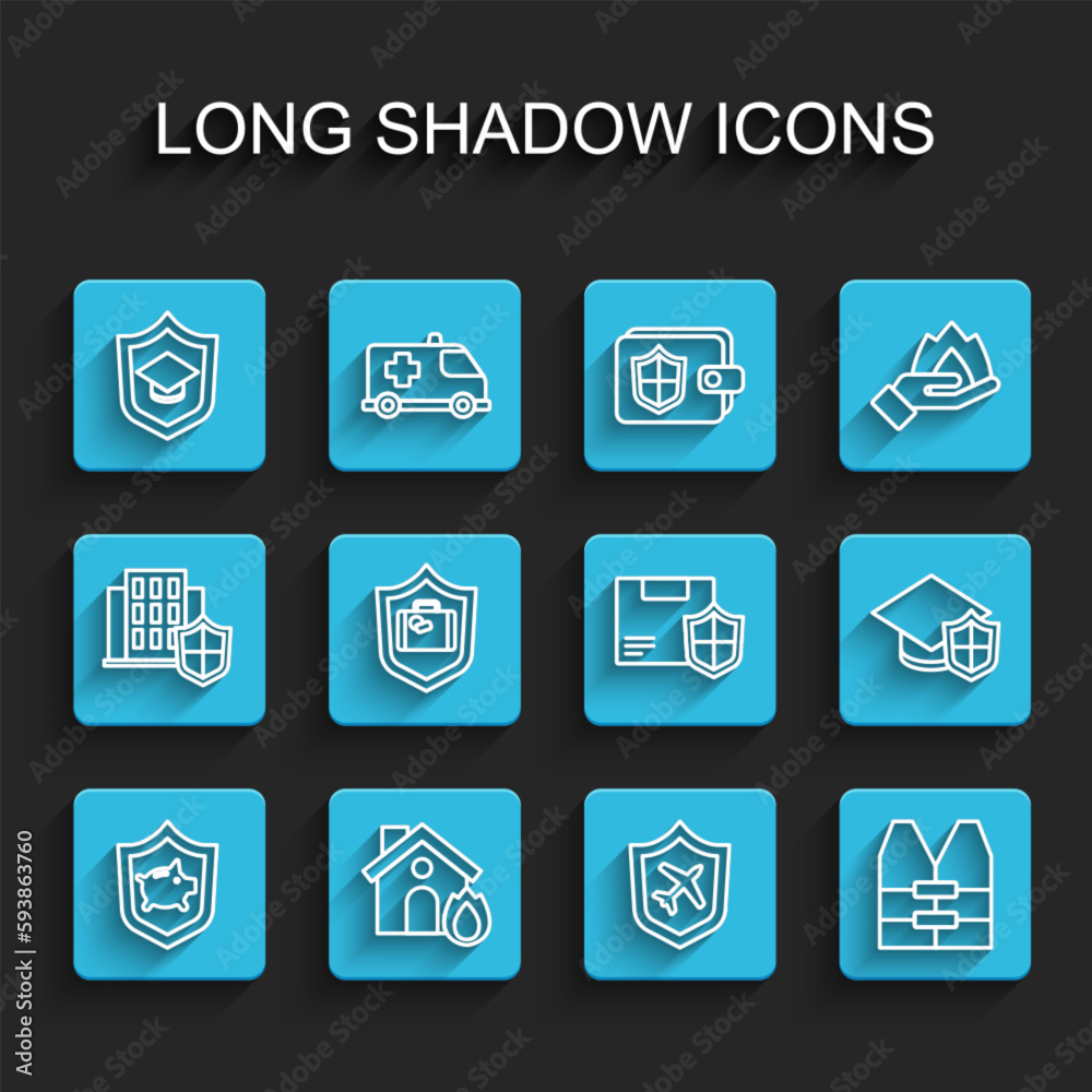 Set line Piggy bank with shield, Fire in burning house, Graduation cap, Plane, Life jacket, Travel suitcase, and Delivery security icon. Vector