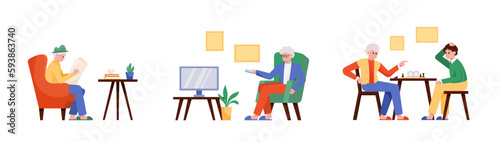 Set of colored cartoon characters of old people doing different things. Senior people spending time reading newspaper. watching TV and playing chess. Happy old age. Vector