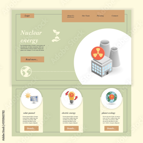 Nuclear energy flat landing page website template. Solar pannel, electric energy, planet ecology. Web banner with header, content and footer. Vector illustration.