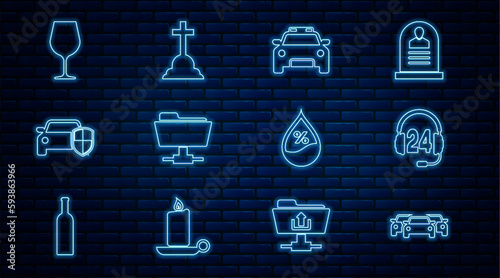 Set line Cars, Headphone for support, Police car and flasher, FTP folder, protection insurance, Wine glass, Water drop percentage and Tombstone with cross icon. Vector