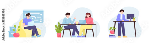 Set of cartoon characters working together in office. Modern coworking space. Freelancers using their laptops and computers. Employees in office. Vector