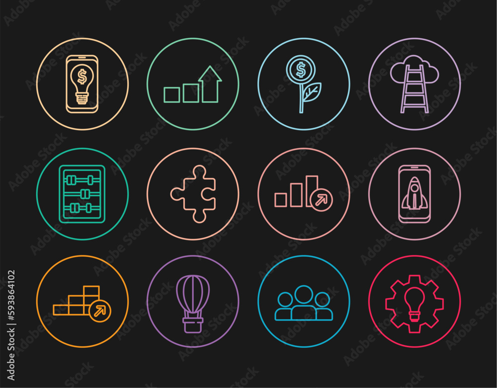 Set line Light bulb and gear, Startup project concept, Dollar plant, Piece of puzzle, Abacus, with dollar mobile, Financial growth and icon. Vector