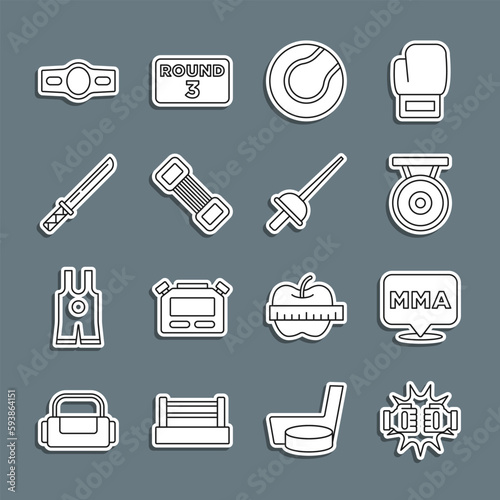 Set line Punch in boxing gloves, Fight club MMA, Gong, Tennis ball, Chest expander, Japanese katana, Boxing belt and Fencing icon. Vector