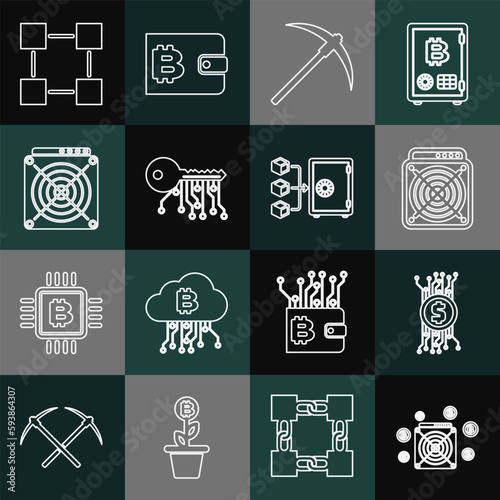 Set line ASIC Miner, Cryptocurrency bitcoin circuit, Pickaxe, key, Blockchain technology and Proof of stake icon. Vector