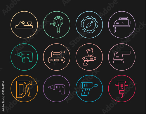 Set line Construction jackhammer, Electric sander, Circular saw blade, planer tool, drill machine, Wood, Paint spray gun and Angle grinder icon. Vector