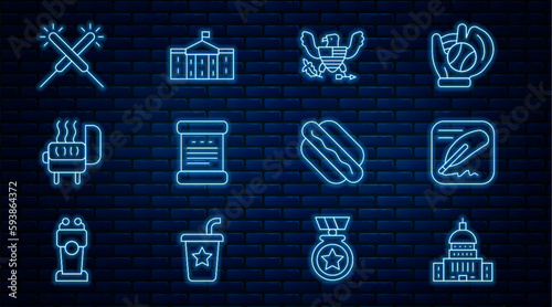 Set line White House, Declaration of independence, Eagle, Barbecue grill, Sparkler firework, Hotdog sandwich and United States Capitol Congress icon. Vector